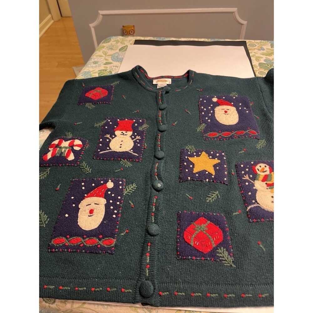 Vtg Talbots 100% Lambswool Christmas Embroidered Cardigan Sweater M Hong Kong